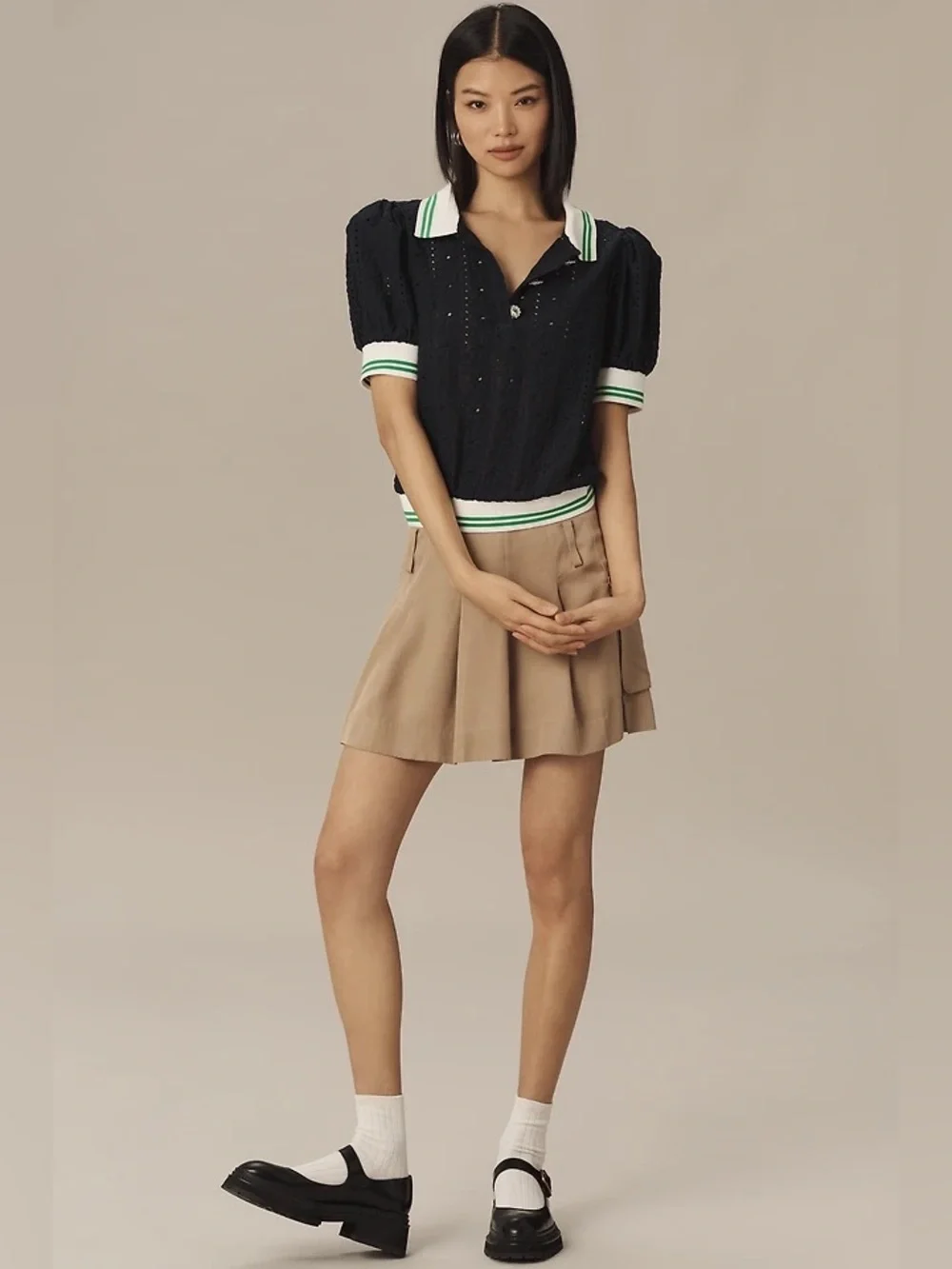 Anthropologie Navy Eyelet Polo Top with White & Green Trim